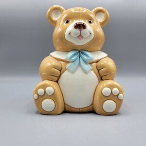Vintage Lefton Geo Z. Teddy Bear Money Bank Light Brown Blue Bow Ceramic